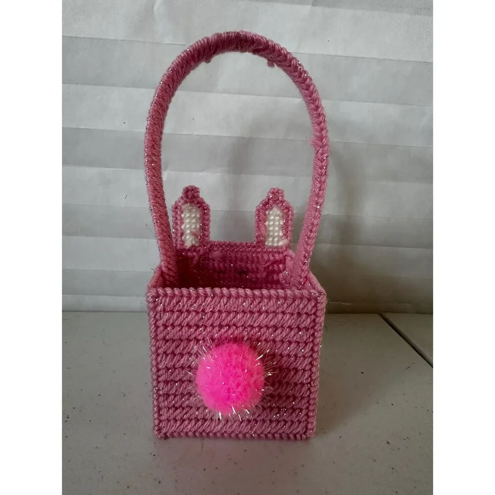 Mini Easter Basket with Pale Pink Sparkly Bunny Colorful Plastic Canvas Handmade